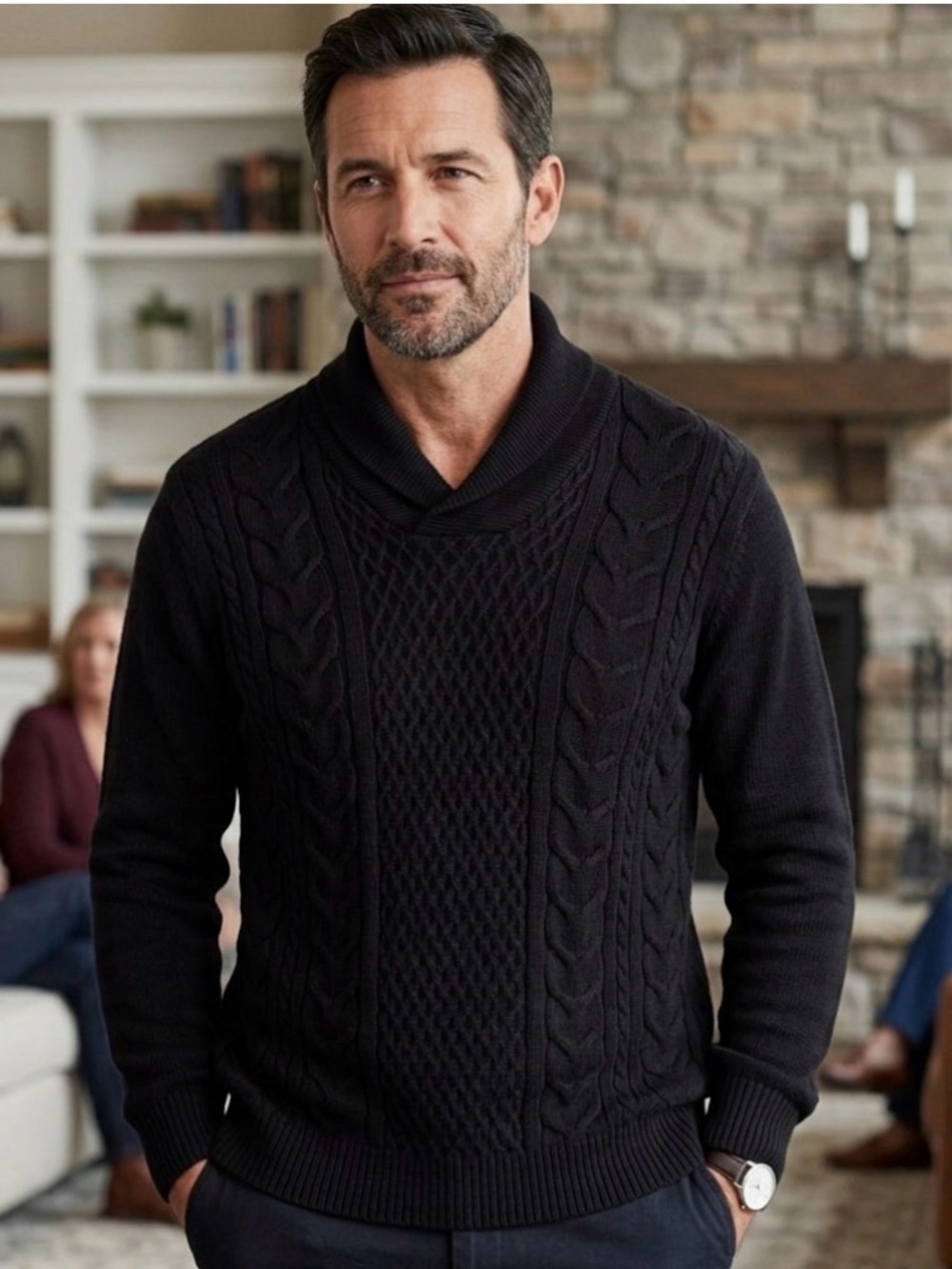 Murano Men’s Black Wool Blend Cable Knit Shawl Neck Sweater size x-large NWT